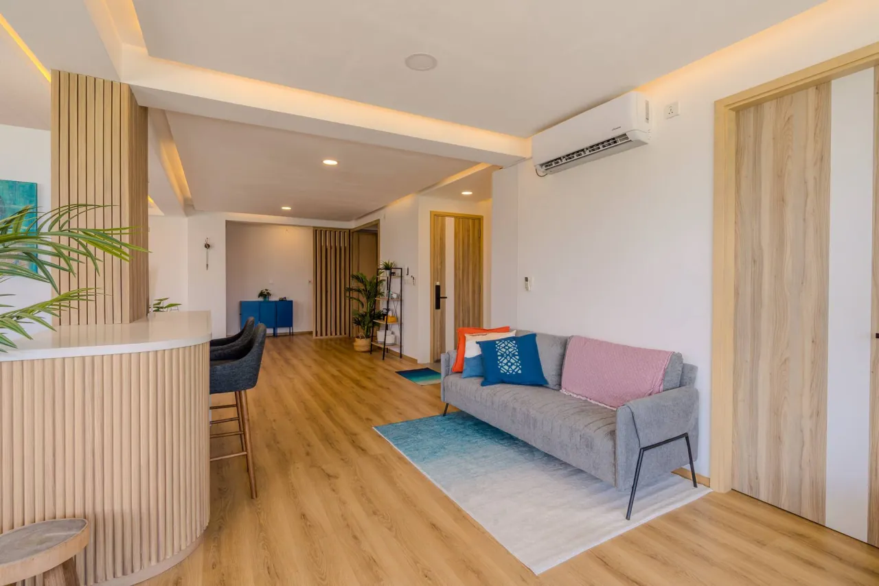 Grey sofa on a blue rug beside a timber room divider, looking towards the entrance